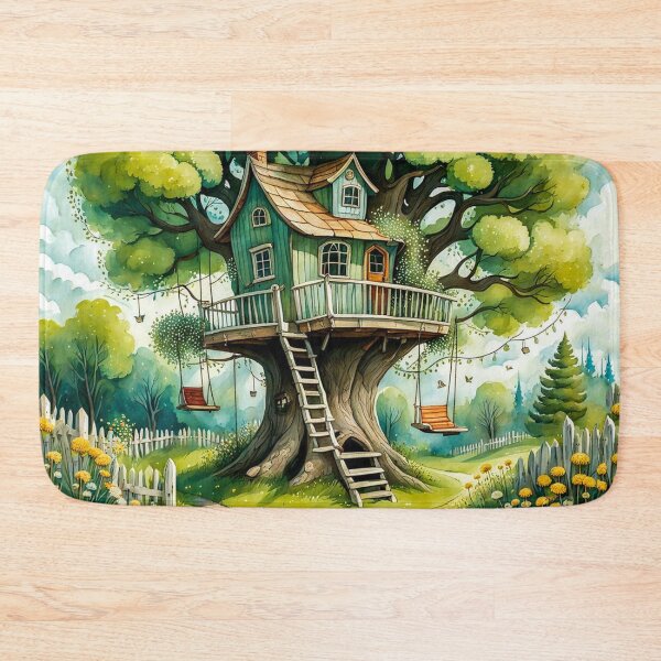 Item preview, The Hideout Cute Fantasy Wooden Tree House in the Meadow With Spring Flowers and Dandelions Garden - Whimsical Illustration designed and sold by MyArt23.