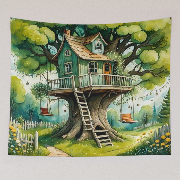 Item preview, The Hideout Cute Fantasy Wooden Tree House in the Meadow With Spring Flowers and Dandelions Garden - Whimsical Illustration designed and sold by MyArt23.
