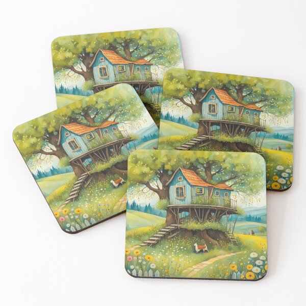 Item preview, The Hideout Cute Fantasy Wooden Tree House in the Meadow With Spring Flowers and Dandelions Garden - Whimsical Illustration designed and sold by MyArt23.