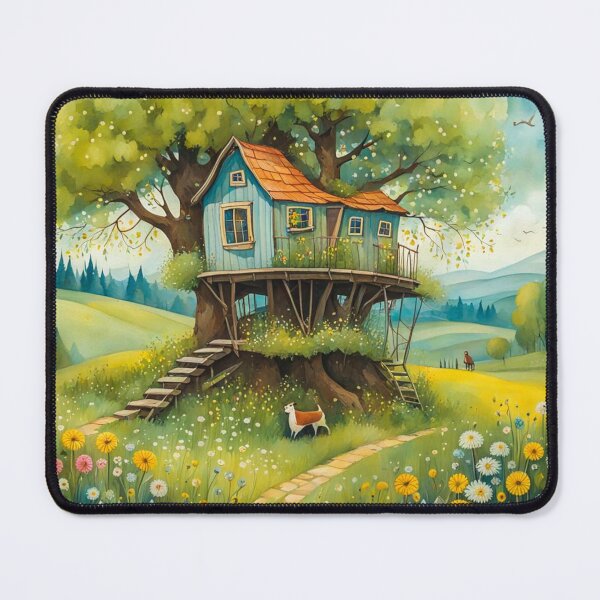 Item preview, The Hideout Cute Fantasy Wooden Tree House in the Meadow With Spring Flowers and Dandelions Garden - Whimsical Illustration designed and sold by MyArt23.