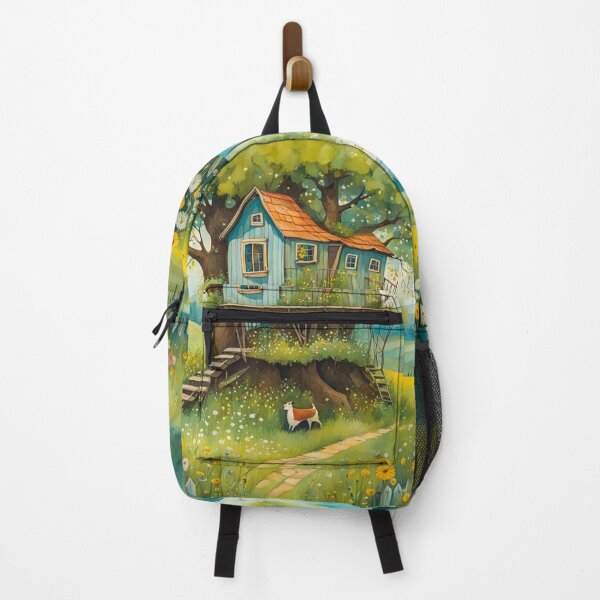 Item preview, The Hideout Cute Fantasy Wooden Tree House in the Meadow With Spring Flowers and Dandelions Garden - Whimsical Illustration designed and sold by MyArt23.