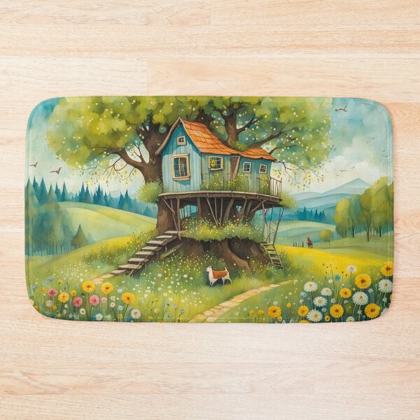 Item preview, The Hideout Cute Fantasy Wooden Tree House in the Meadow With Spring Flowers and Dandelions Garden - Whimsical Illustration designed and sold by MyArt23.
