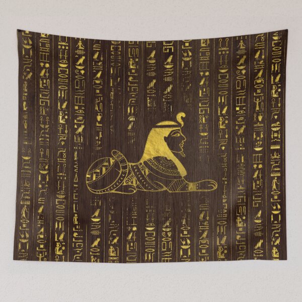 Item preview, Golden Egyptian Sphinx and hieroglyphics on wood designed and sold by Nartissima.