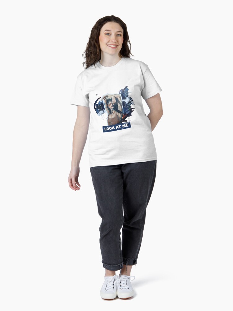 Aperçu 4 sur 7. T-shirt classique avec l'œuvre Peinture à l'huile d'un portrait de femme coloré créée et vendue par Aldarane.