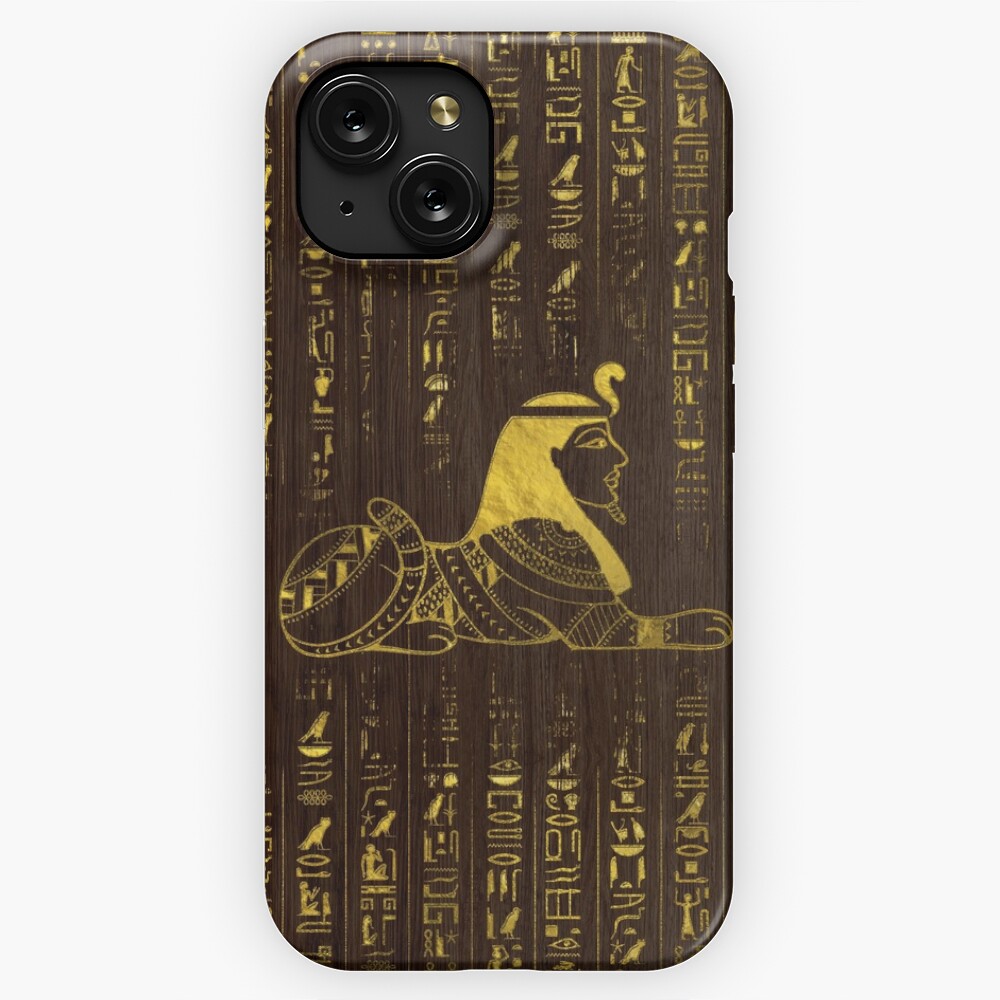 Golden Egyptian Sphinx and hieroglyphics on wood