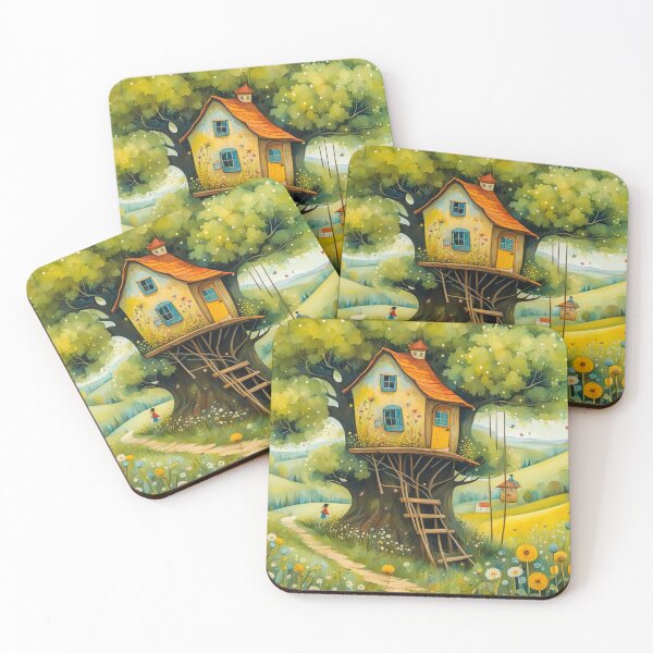 Item preview, The Hideout Cute Fantasy Wooden Tree House in the Meadow With Spring Flowers and Dandelions Garden - Whimsical Illustration designed and sold by MyArt23.