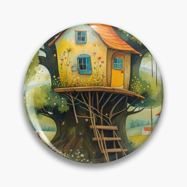 Item preview, The Hideout Cute Fantasy Wooden Tree House in the Meadow With Spring Flowers and Dandelions Garden - Whimsical Illustration designed and sold by MyArt23.