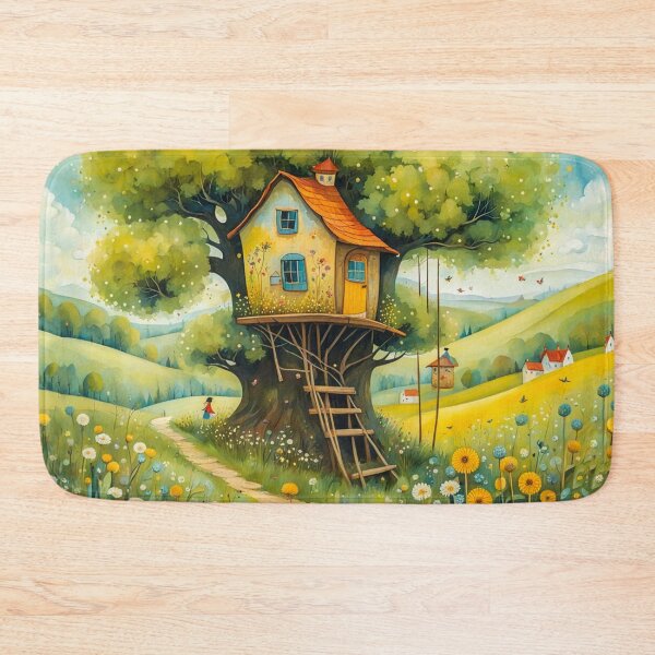 Item preview, The Hideout Cute Fantasy Wooden Tree House in the Meadow With Spring Flowers and Dandelions Garden - Whimsical Illustration designed and sold by MyArt23.