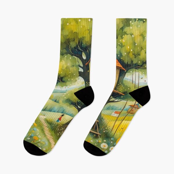 Item preview, The Hideout Cute Fantasy Wooden Tree House in the Meadow With Spring Flowers and Dandelions Garden - Whimsical Illustration designed and sold by MyArt23.