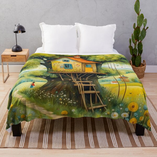 Item preview, The Hideout Cute Fantasy Wooden Tree House in the Meadow With Spring Flowers and Dandelions Garden - Whimsical Illustration designed and sold by MyArt23.