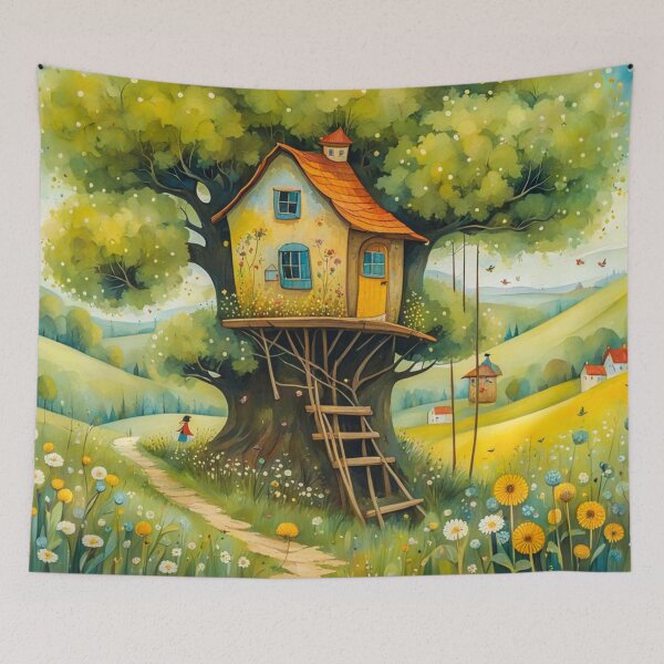 Item preview, The Hideout Cute Fantasy Wooden Tree House in the Meadow With Spring Flowers and Dandelions Garden - Whimsical Illustration designed and sold by MyArt23.