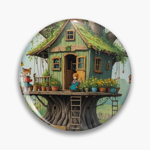Item preview, The Hideout Cute Fantasy Wooden Tree House in the Meadow With Spring Flowers and Dandelions Garden - Whimsical Illustration designed and sold by MyArt23.