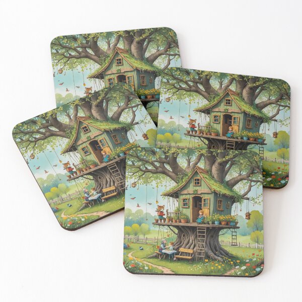 Item preview, The Hideout Cute Fantasy Wooden Tree House in the Meadow With Spring Flowers and Dandelions Garden - Whimsical Illustration designed and sold by MyArt23.