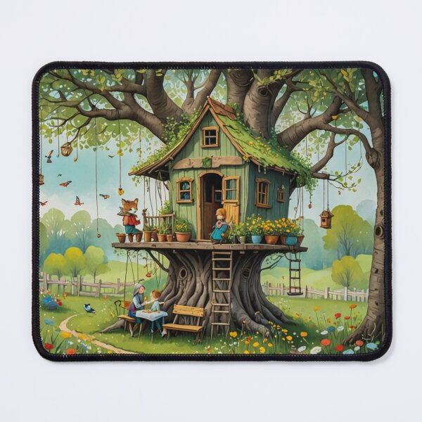 Item preview, The Hideout Cute Fantasy Wooden Tree House in the Meadow With Spring Flowers and Dandelions Garden - Whimsical Illustration designed and sold by MyArt23.