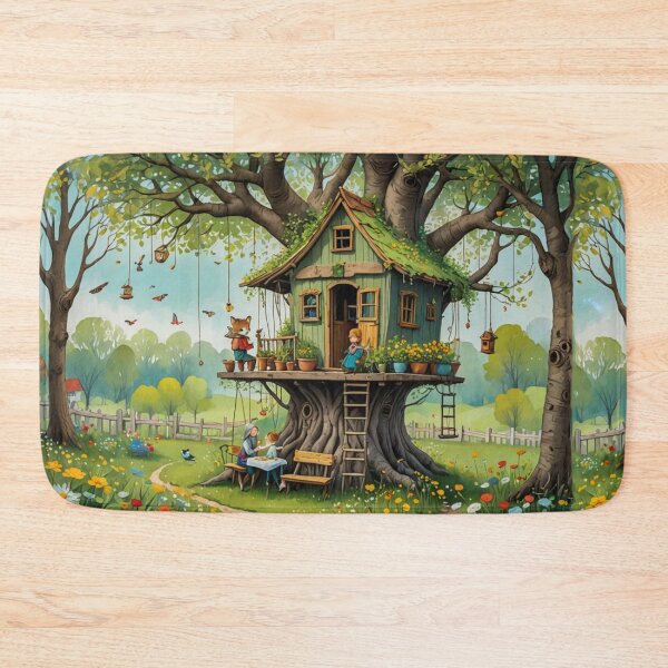 Item preview, The Hideout Cute Fantasy Wooden Tree House in the Meadow With Spring Flowers and Dandelions Garden - Whimsical Illustration designed and sold by MyArt23.