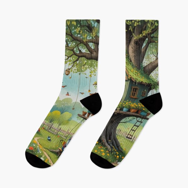 Item preview, The Hideout Cute Fantasy Wooden Tree House in the Meadow With Spring Flowers and Dandelions Garden - Whimsical Illustration designed and sold by MyArt23.