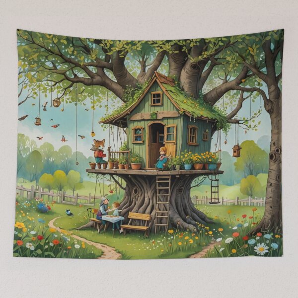 Item preview, The Hideout Cute Fantasy Wooden Tree House in the Meadow With Spring Flowers and Dandelions Garden - Whimsical Illustration designed and sold by MyArt23.