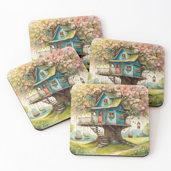 Item preview, The Hideout Cute Fantasy Wooden Tree House in the Meadow With Spring Flowers and Dandelions Garden - Whimsical Illustration designed and sold by MyArt23.