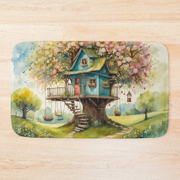 Item preview, The Hideout Cute Fantasy Wooden Tree House in the Meadow With Spring Flowers and Dandelions Garden - Whimsical Illustration designed and sold by MyArt23.