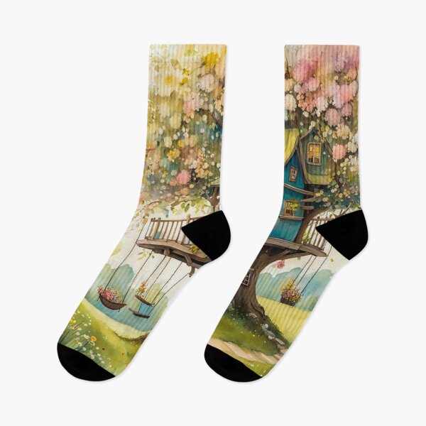 Item preview, The Hideout Cute Fantasy Wooden Tree House in the Meadow With Spring Flowers and Dandelions Garden - Whimsical Illustration designed and sold by MyArt23.