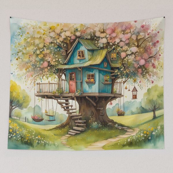 Item preview, The Hideout Cute Fantasy Wooden Tree House in the Meadow With Spring Flowers and Dandelions Garden - Whimsical Illustration designed and sold by MyArt23.