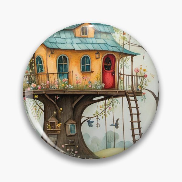 Item preview, The Hideout Cute Fantasy Wooden Tree House in the Meadow With Spring Flowers and Dandelions Garden - Whimsical Illustration designed and sold by MyArt23.