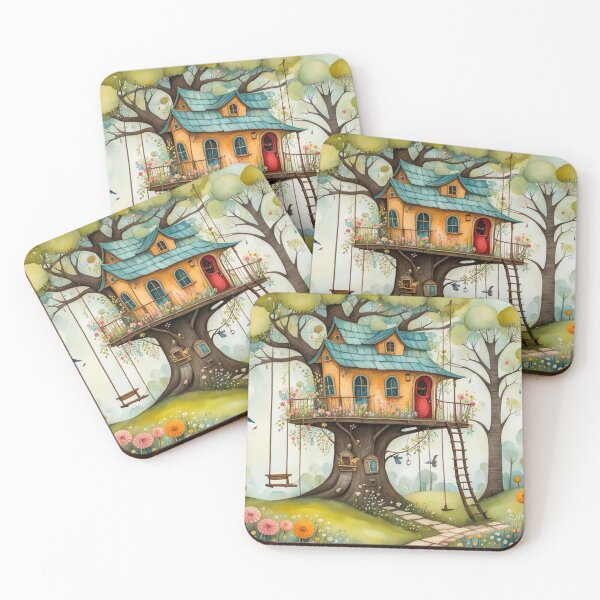 Item preview, The Hideout Cute Fantasy Wooden Tree House in the Meadow With Spring Flowers and Dandelions Garden - Whimsical Illustration designed and sold by MyArt23.
