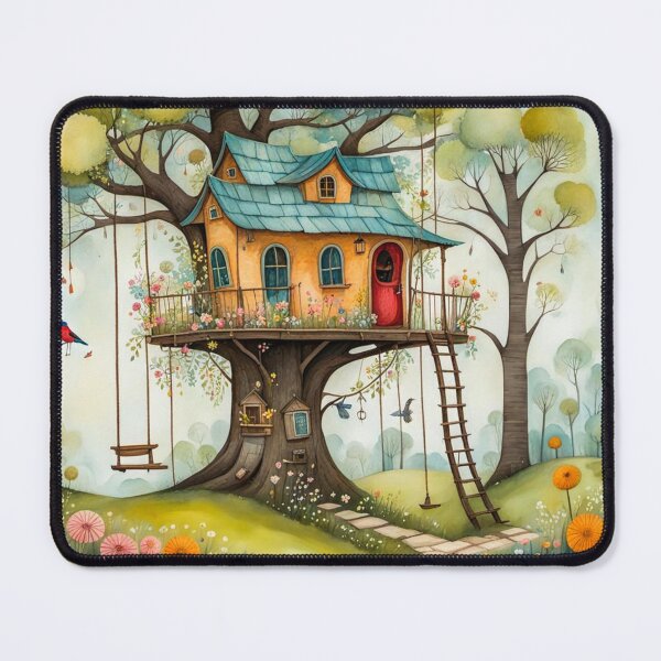 Item preview, The Hideout Cute Fantasy Wooden Tree House in the Meadow With Spring Flowers and Dandelions Garden - Whimsical Illustration designed and sold by MyArt23.
