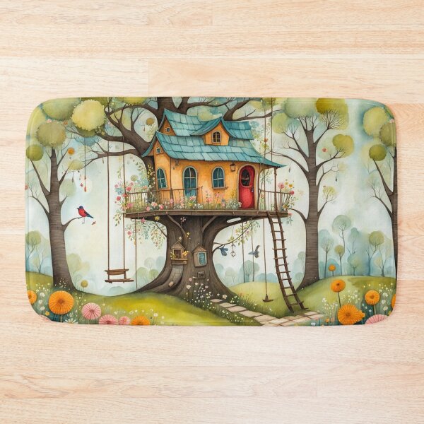 Item preview, The Hideout Cute Fantasy Wooden Tree House in the Meadow With Spring Flowers and Dandelions Garden - Whimsical Illustration designed and sold by MyArt23.