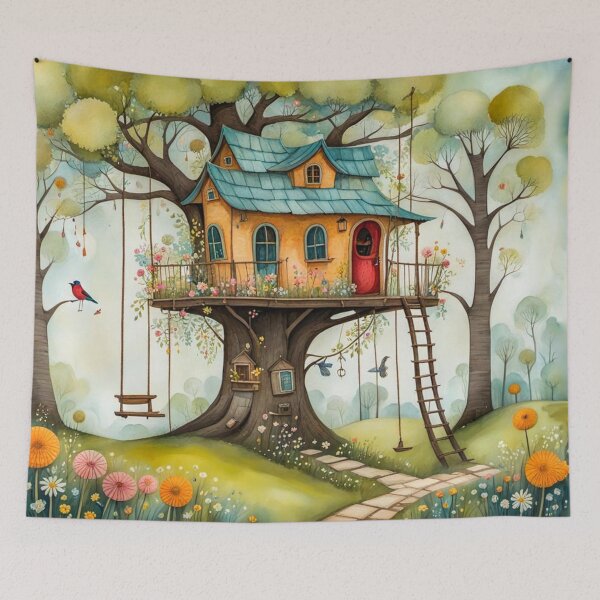 Item preview, The Hideout Cute Fantasy Wooden Tree House in the Meadow With Spring Flowers and Dandelions Garden - Whimsical Illustration designed and sold by MyArt23.