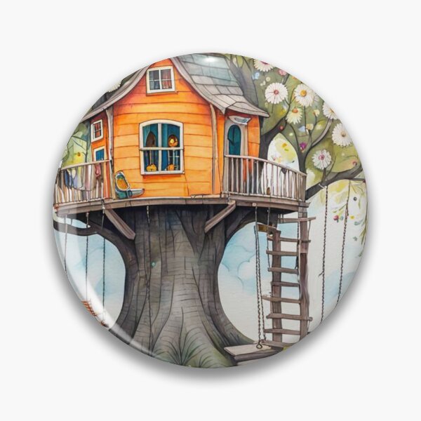 Item preview, The Hideout Cute Fantasy Wooden Tree House in the Meadow With Spring Flowers and Dandelions Garden - Whimsical Illustration designed and sold by MyArt23.