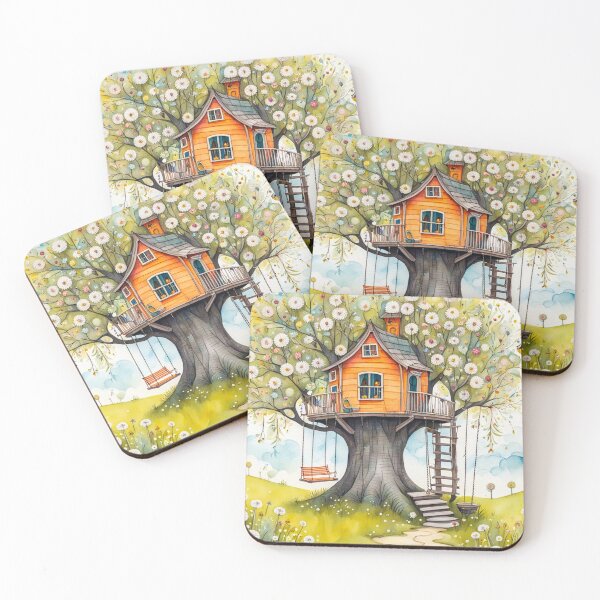 Item preview, The Hideout Cute Fantasy Wooden Tree House in the Meadow With Spring Flowers and Dandelions Garden - Whimsical Illustration designed and sold by MyArt23.