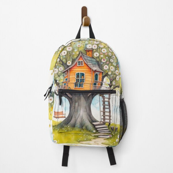 Item preview, The Hideout Cute Fantasy Wooden Tree House in the Meadow With Spring Flowers and Dandelions Garden - Whimsical Illustration designed and sold by MyArt23.