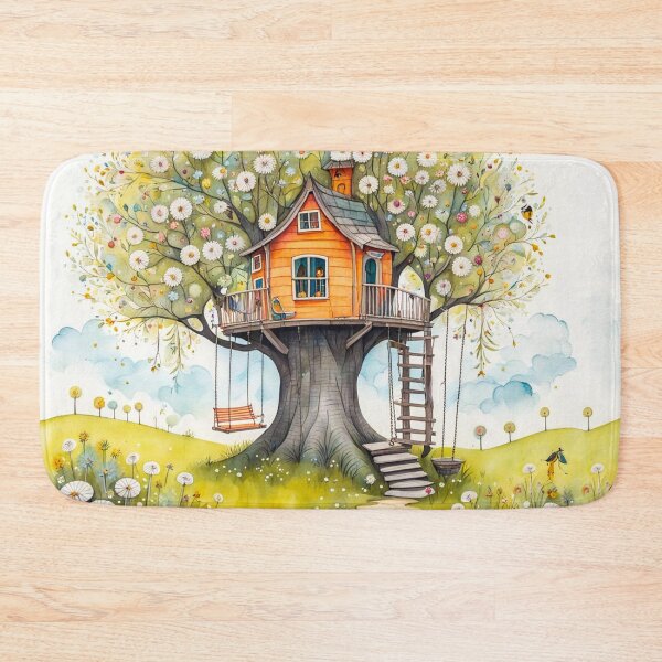 Item preview, The Hideout Cute Fantasy Wooden Tree House in the Meadow With Spring Flowers and Dandelions Garden - Whimsical Illustration designed and sold by MyArt23.