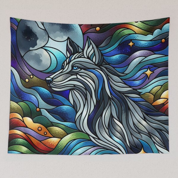 Item preview, Stained Glass Wolf with Full Moon designed and sold by foilhat.