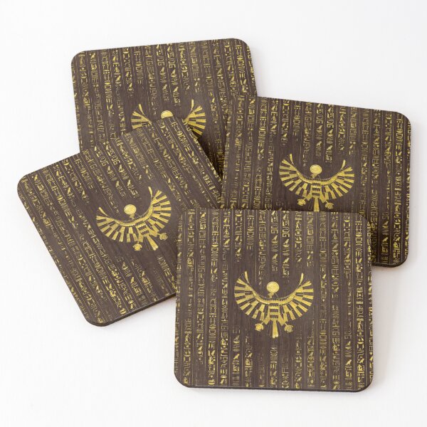 Item preview, Golden Egyptian Horus Falcon and hieroglyphics on wood designed and sold by Nartissima.