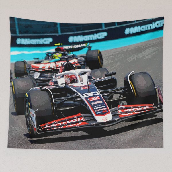 Item preview, Kevin Magnussen fighting with Lewis Hamilton during the 2024 Miami Grand Prix abstract designed and sold by Rodissimus1984.