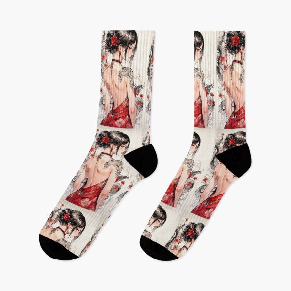 Item preview, Elegant Lady in Red with Floral and Dragon Tattoos designed and sold by ArtComixHaven.