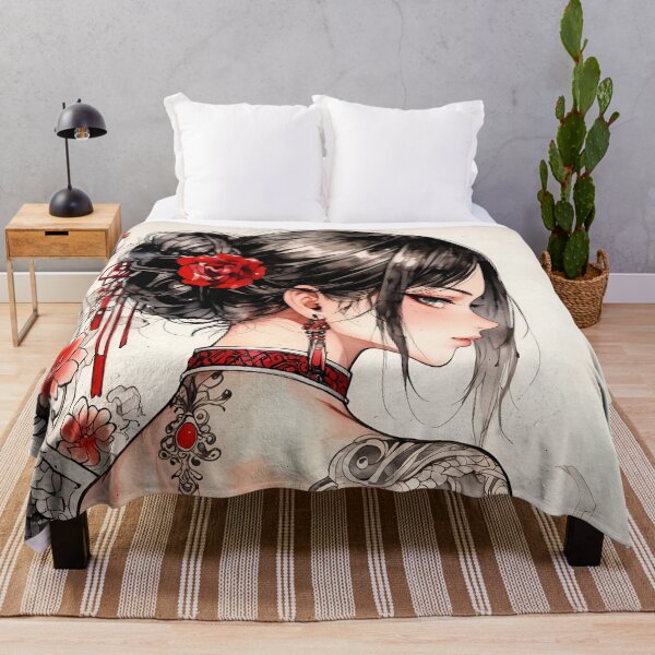 Item preview, Elegant Lady in Red with Floral and Dragon Tattoos designed and sold by ArtComixHaven.