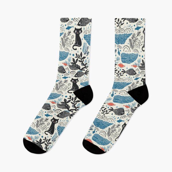 Item preview, Cat and fish Pattern, repeat pattern, black cat pattern, fish, water, wave, designed and sold by Nordic Ch.