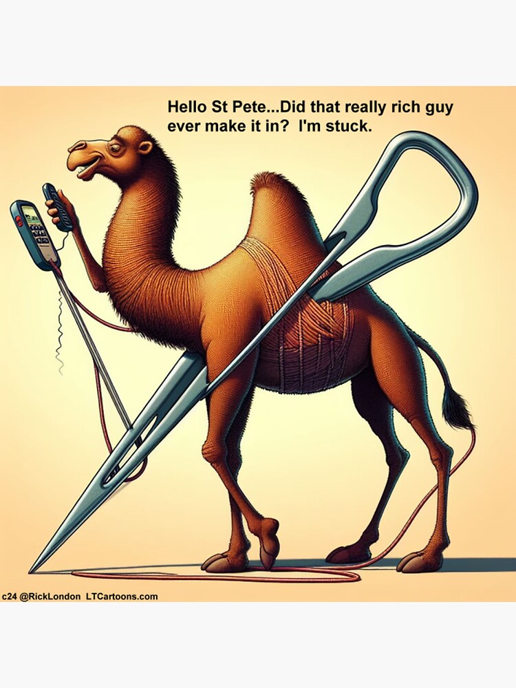 Thumbnail 3 of 3, Sticker, Camel Stuck In The Eye Of A Needle designed and sold by ltcartoons.