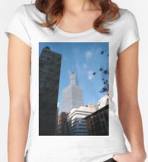 Building, Skyscraper, New York, Manhattan, Street, Pedestrians, Cars, Towers, morning, trees, subway, station Women's Fitted Scoop T-Shirt