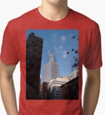 Building, Skyscraper, New York, Manhattan, Street, Pedestrians, Cars, Towers, morning, trees, subway, station Tri-blend T-Shirt