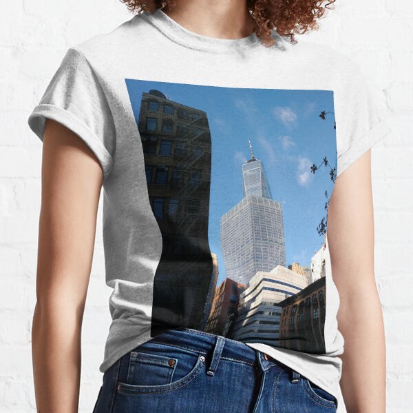 Building, Skyscraper, New York, Manhattan, Street, Pedestrians, Cars, Towers, morning, trees Classic T-Shirt