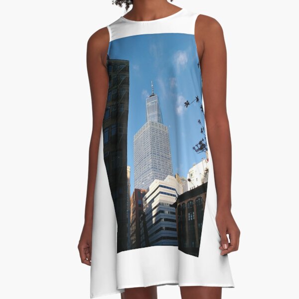 Building, Skyscraper, New York, Manhattan, Street, Pedestrians, Cars, Towers, morning, trees A-Line Dress