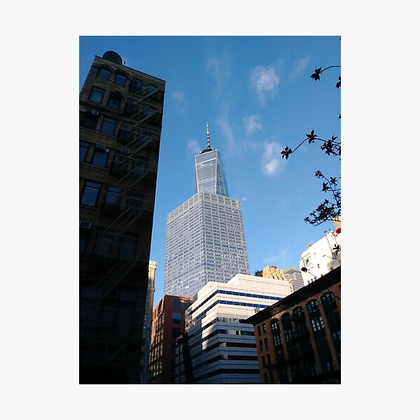 Building, Skyscraper, New York, Manhattan, Street, Pedestrians, Cars, Towers, morning, trees Photographic Print
