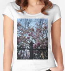 Building, Skyscraper, New York, Manhattan, Street, Pedestrians, Cars, Towers, morning, trees, subway, station, Spring, flowers Women's Fitted Scoop T-Shirt