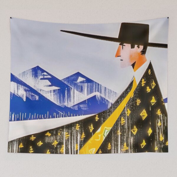 Item preview, Title: Elegant Man Standing in Front of Mountain Range designed and sold by MYTHIC PEEL STICKERS.