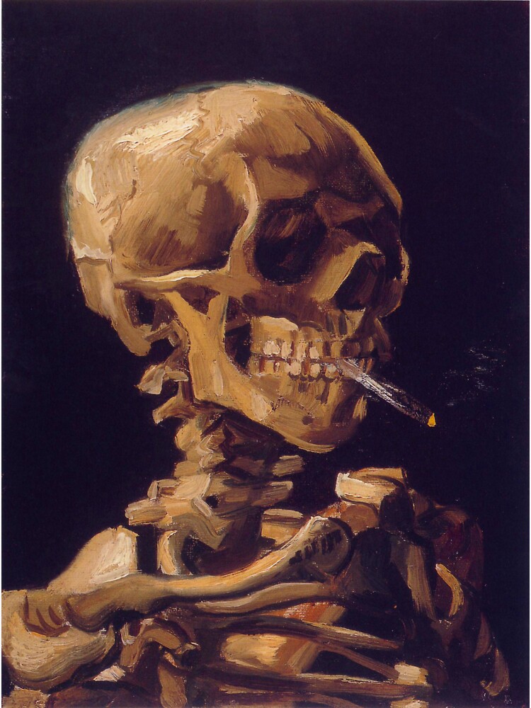 Aperçu 3 sur 3. Sticker avec l'œuvre « Crâne avec une cigarette allumée » de Vincent Van Gogh créée et vendue par RozAbellera.
