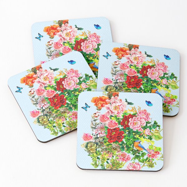 Item preview, SK Exquisite flowers, Butterflies, and a Bird on a poker dot blue background  designed and sold by SueKnox.